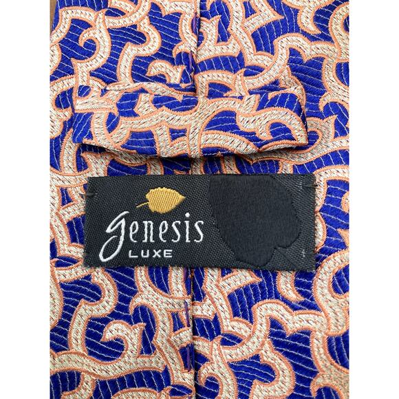 Genesis Luxe necktie Silk Handmade in Italy Ornate Patterns Orange Blue 3.5/58 - Picture 2 of 12
